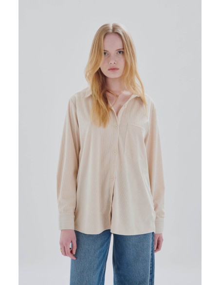 24COLOURS Μπεζ Oversized Κοτλέ Πουκάμισο-30410a