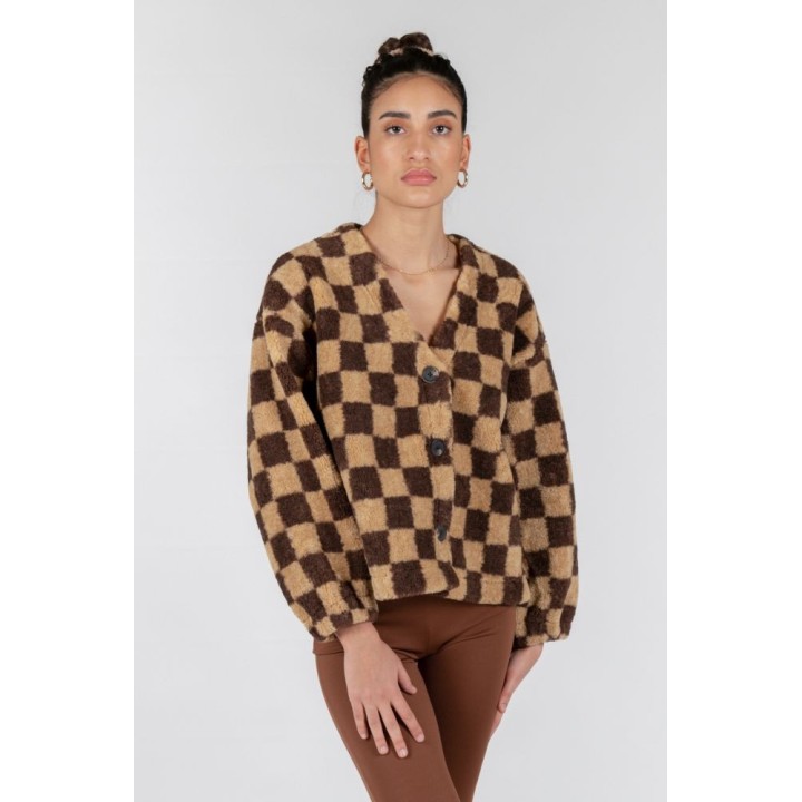 24 COLOURS Jacket Teddy Brown Checked - 90371