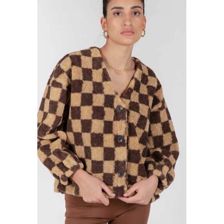 24 COLOURS Jacket Teddy Brown Checked - 90371