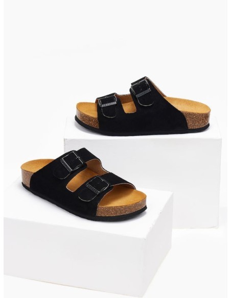 Plakton Eva NOBUCK Δερμάτινα Γυναικεία Σανδάλια Ανατομικά σε Μαύρο Χρώμα - 340010-negro