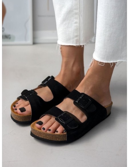 Plakton Eva NOBUCK Δερμάτινα Γυναικεία Σανδάλια Ανατομικά σε Μαύρο Χρώμα - 340010-negro