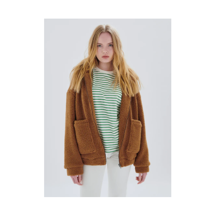 24COLOURS Brown Oversized Teddy Jacket -  90433