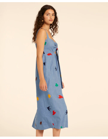 PEPALOVERS KNOTTED EMBROIDERY DENIM DRESS - 111337