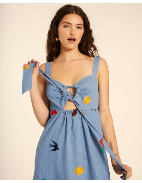 PEPALOVERS KNOTTED EMBROIDERY DENIM DRESS - 111337