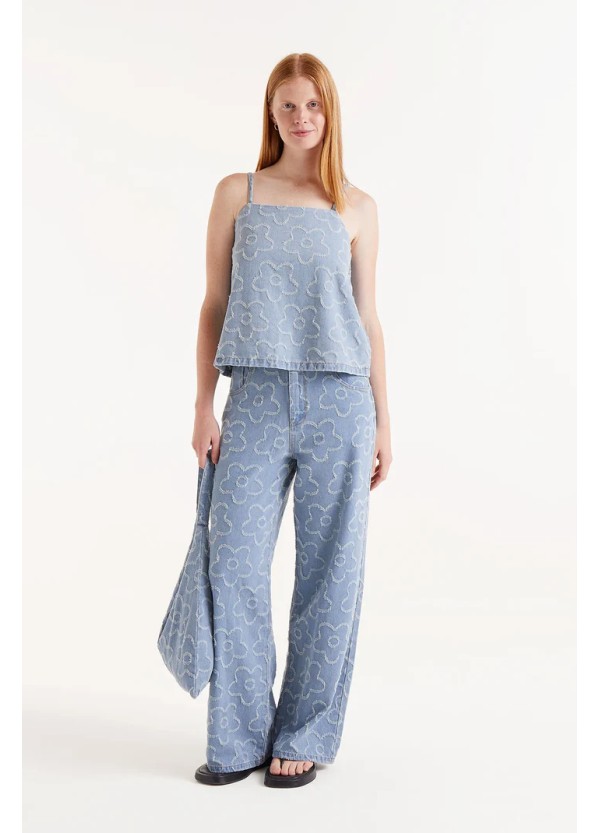 Compania Fantastica Denim Woven Flowers Top - 51C/11027