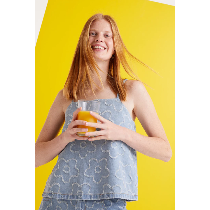 Compania Fantastica Denim Woven Flowers Top - 51C/11027