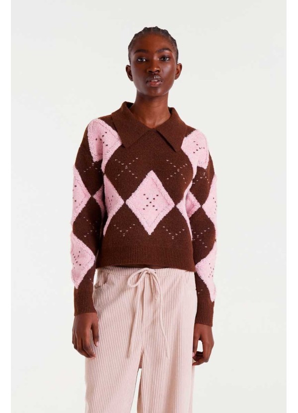 Compania Fantastica sweater Pink and brown diamond-stitch jacquard - 54C/10152