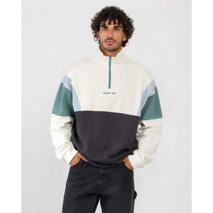 KAOTIKO CREW ARTHUR SWEATSHIRT IVORY/BLACK/NIAGARA - AT087-01-G002